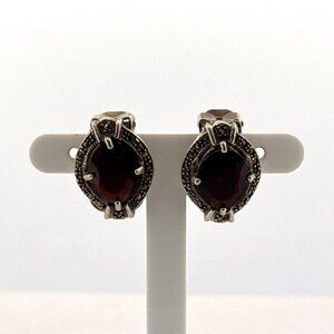 Vintage Sterling Silver 925 Garnet & Marcasite Clip-On Earrings 9.2g Estate Pair